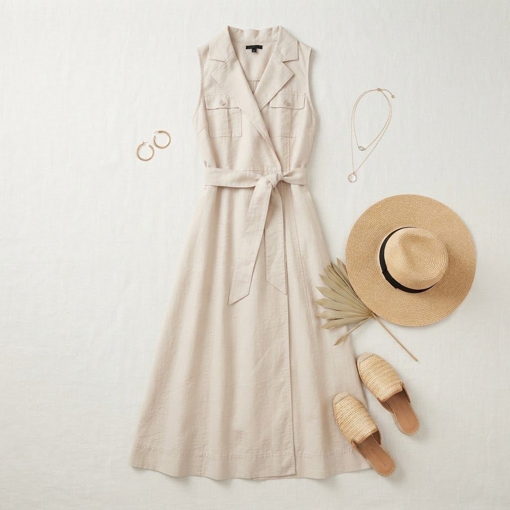 Banana Republic Trench Dress Womens 16 Tall Beige Sleeveless Midi Utility Safari
